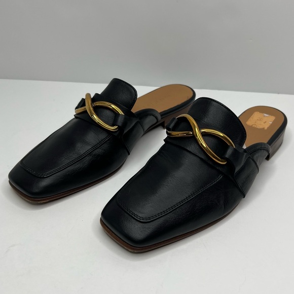 M. Gemi Shoes - M. Gemi Black Leather Mule Slides with Gold Chain Accent